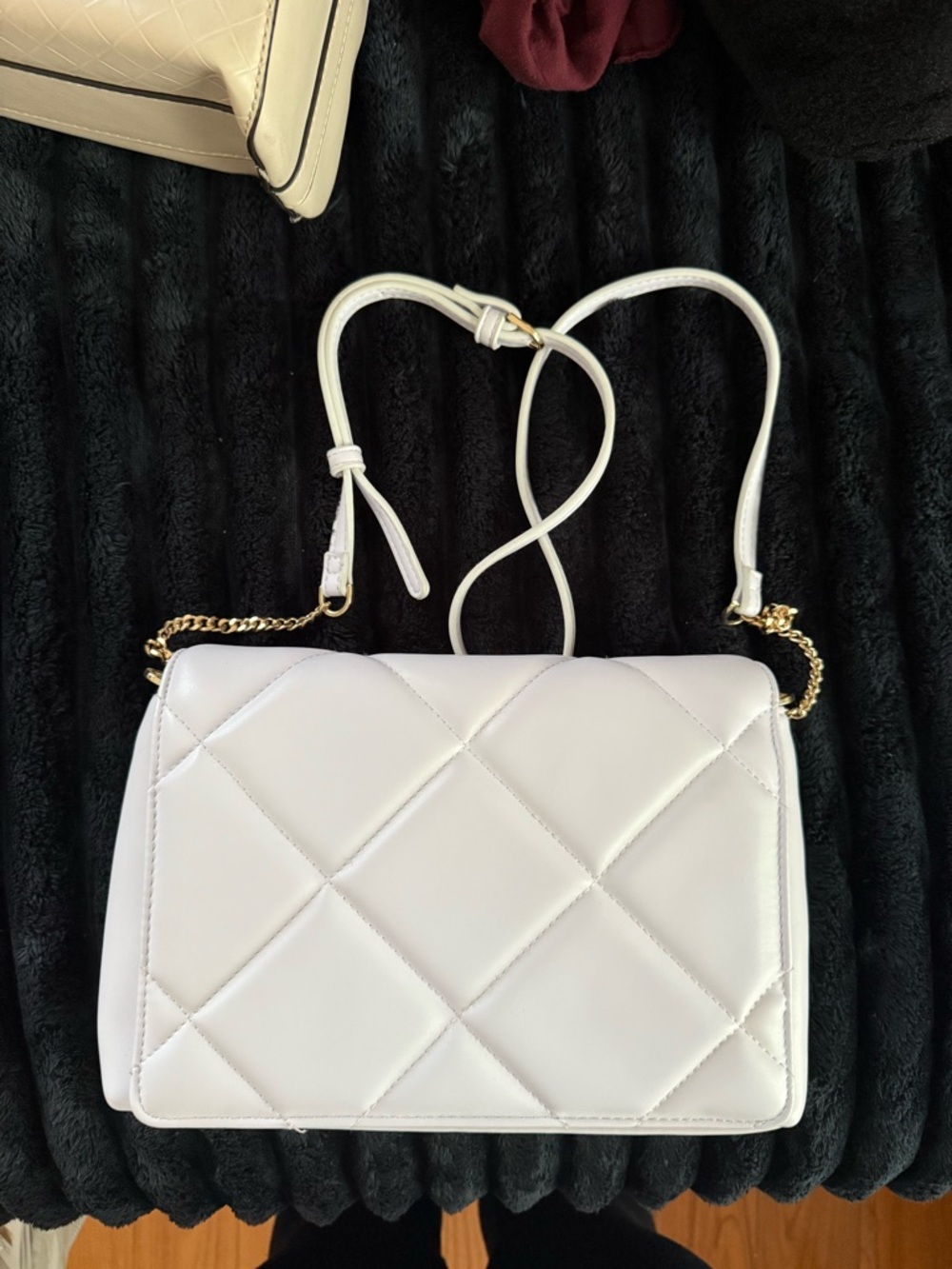 White Quilted Crossbody Bag with Gold Chain
